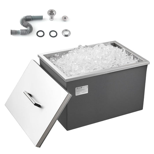 VEVOR Drop in Ice Chest, 508 x 355 x 306mm (508 x 355 x 306mm) Stainless Steel Drop in Cooler, 30L Commercial Ice Bucket with Jar Lid for Outdoor, Drain Pipe Set Included, for Cold Wine Beer