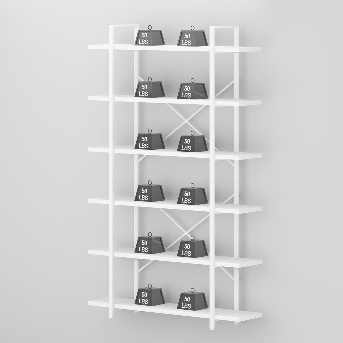 HSH Boekenkast met 6 niveaus, industriële opslag, metaal en hout, stabiel, duurzaam, voor woonkamer, kantoor, thuis, wit