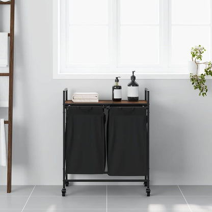 Wasmmand – Wasbak – Wascontainer – Waschmand – Wasbox – 3 Compartimenten – Sonoma Eikenhouten Plank – Uitneembare Waszakken – Wieltjes Met Rem - QUORE