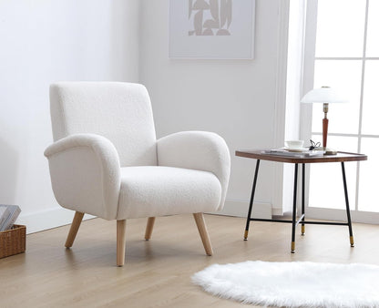 Armchair Upholstered Chair Modern Fur Chair with Wooden Legs Upholstered Chairs for Bedroom/Living Room White