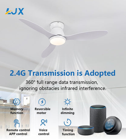 LJX Plafondventilator met intelligent licht, compatibel met Alexa, kroonluchter, ventilator, 106 cm, wit, ultrastil, DC, 6 snelheden, omkeerbaar, voor slaapkamer, woonkamer