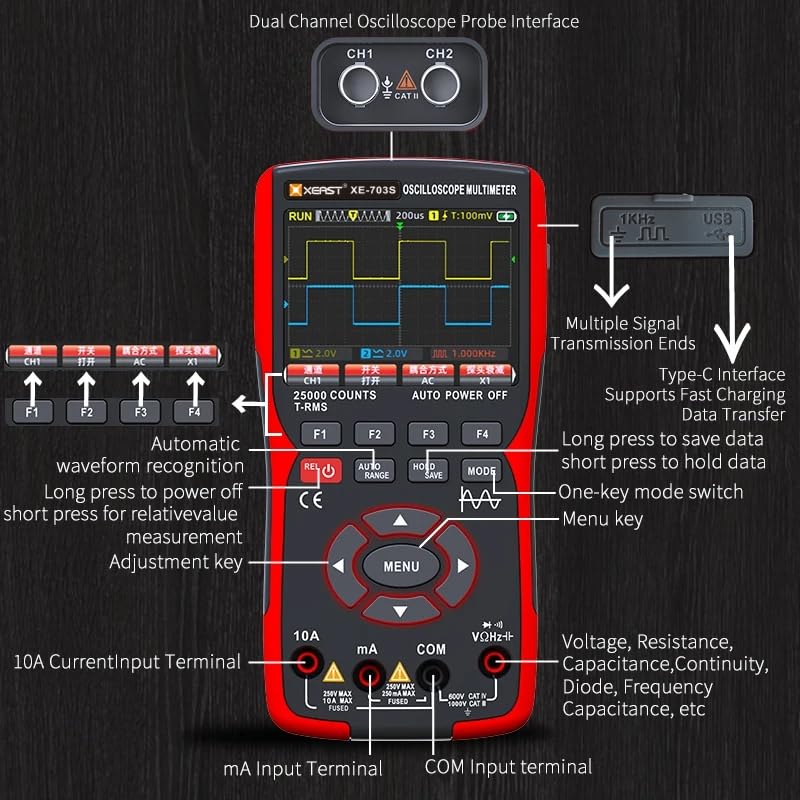 50MHz bandbreedte tweekanaals oscilloscoop, 25.000 tellingen digitale multimeter, DDS-signaalgenerator, 3,5 inch lcd-display 3-in-1 stroomtester, 280 MSa/s High Sampling professionele oscilloscoop (XE