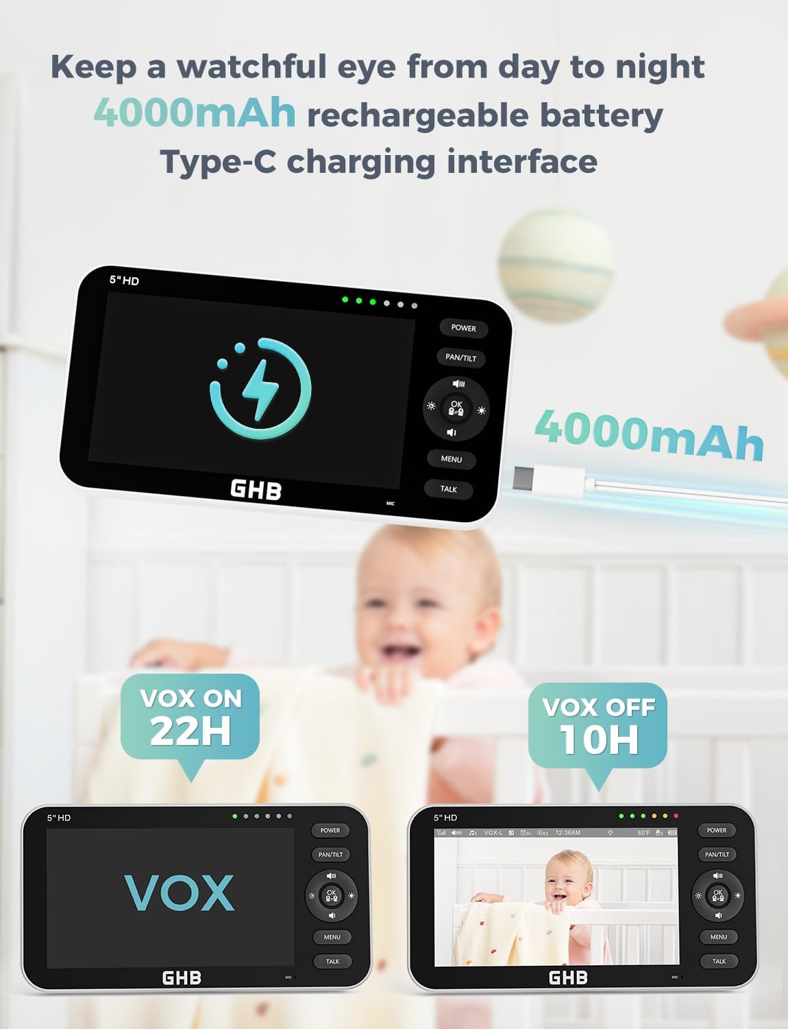 GHB Babyfoon met 2 camera's 5 inch 720P HD-display met tot 168 uur batterijduur in VOX-slaapmodus, tweerichtingscommunicatie, nachtzicht en temperatuurweergave