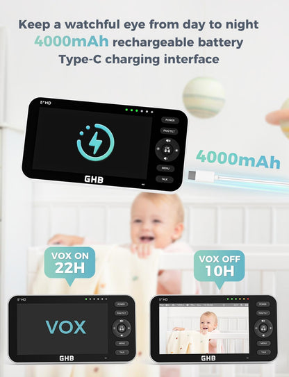 GHB Babyfoon met 2 camera's 5 inch 720P HD-display met tot 168 uur batterijduur in VOX-slaapmodus, tweerichtingscommunicatie, nachtzicht en temperatuurweergave