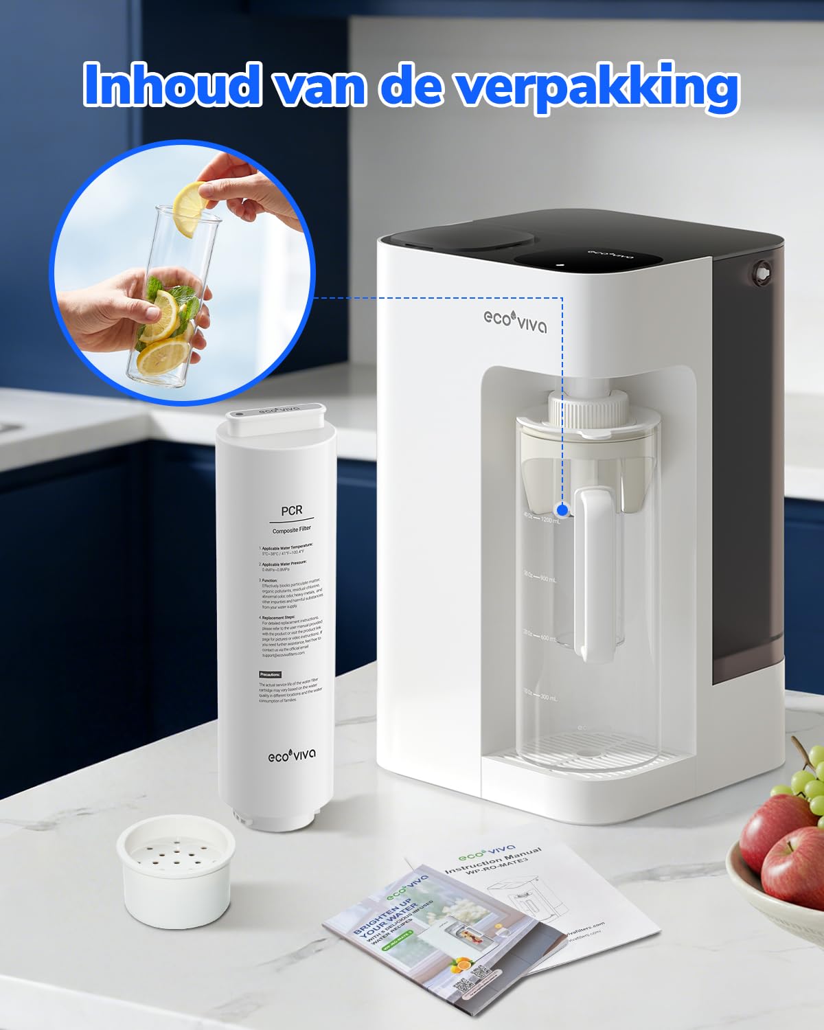 Ecoviva MATE3 Table Reverse Osmosis System for Drinking Water, White - QUORE