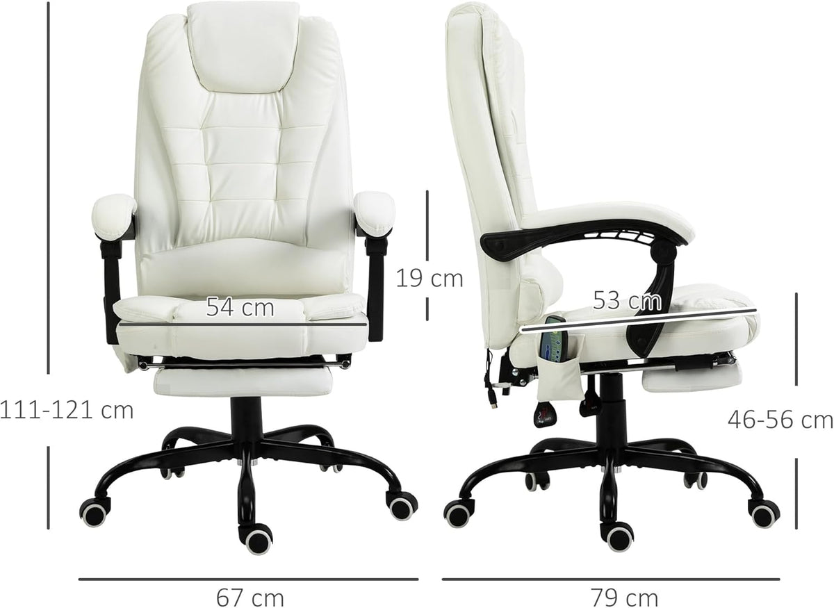 Vinsetto Massagestoel, bureaustoel, ergonomische stoel met verstelbare hoogte, rugleuning kantelbaar en bekabeld, voetensteun, 360° draaibaar, wit