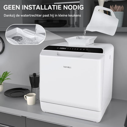 Mini-vaatwasser tafelvaatwasser, te gebruiken met en zonder wateraansluiting, 43 cm breed, plaats voor 4 couverts, te gebruiken op de camping, 175 kWh/jaar, wit