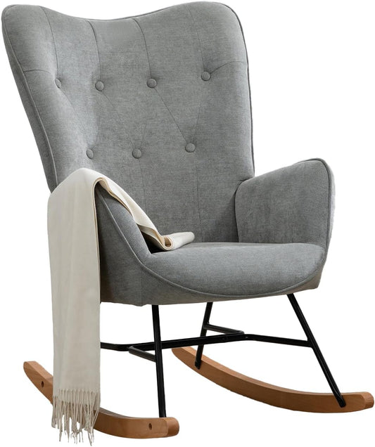 MEUBLE COSY Schommelstoelen, Scandinavische borstvoedingsschommelstoel Vrije tijds- en ruststoel van stof met E' houten metalen poten voor woonkamer, slaapkamer, massief, grijs, 66x84x97cm