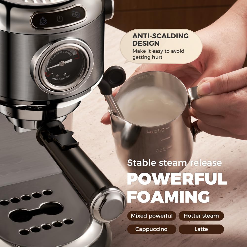 CAFELFFE MK-601 20-bar espressomachine met melkopschuimer en manometer, warm-/koudfunctie, 1450 W snelzetvermogen, 2-in-1 machine, compatibel met gemalen koffie en 44 mm ESE-pads