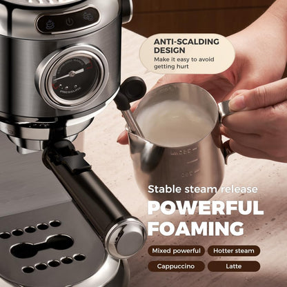 CAFELFFE MK-601 20-bar espressomachine met melkopschuimer en manometer, warm-/koudfunctie, 1450 W snelzetvermogen, 2-in-1 machine, compatibel met gemalen koffie en 44 mm ESE-pads