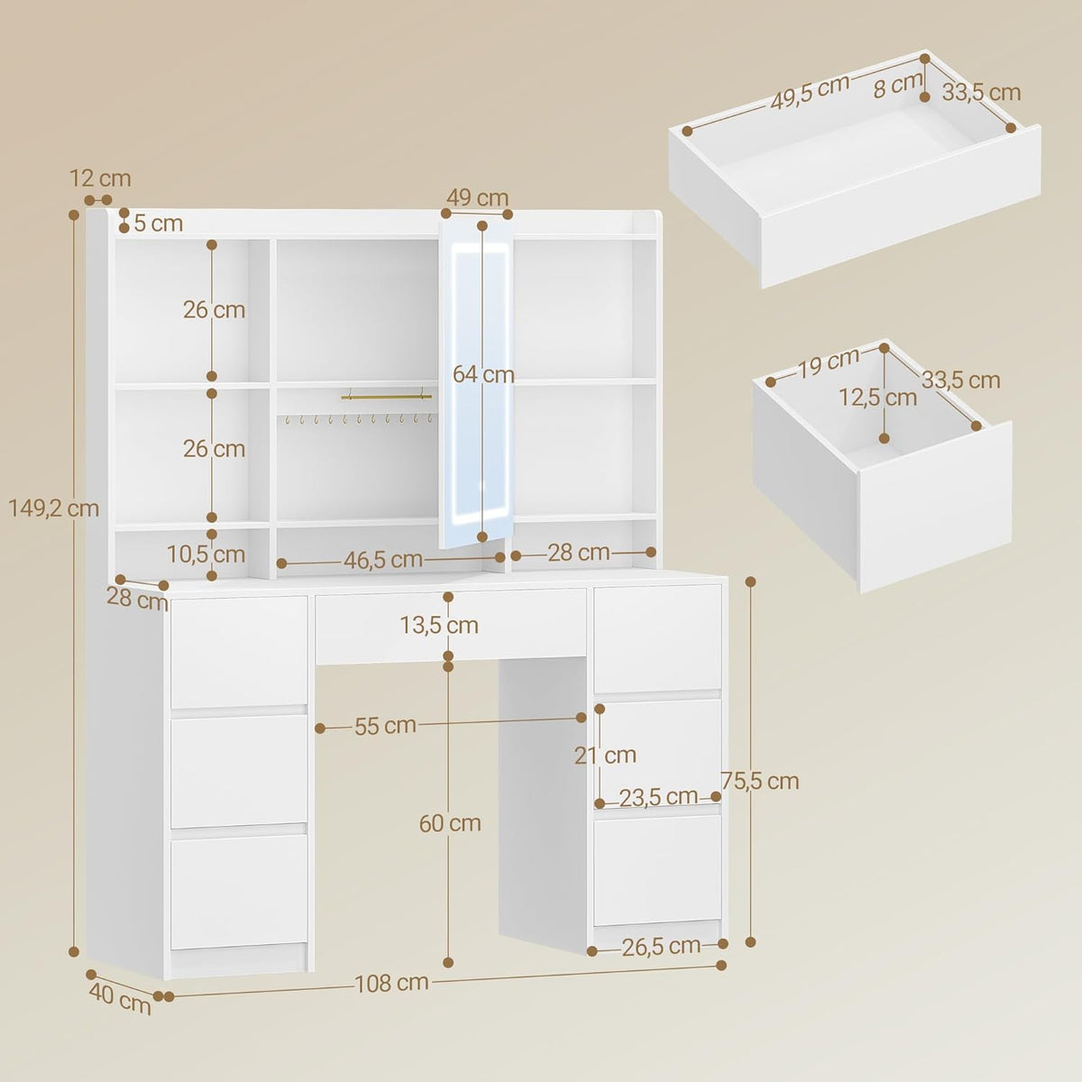 Hzuaneri Dressing Table with Lighting, Dressing Table with Large LED Mirror, Adjustable Brightness, with 7 Drawers, 4 Shelves for Bedroom, Storage Space Behind the Mirror, White DT43203XEU