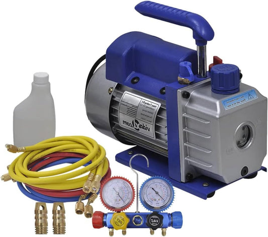 Vacuümpomp – Vacuümpomp Set – Koelvacuümpomp – Aircometer – Manometer Set – Aluminium Behuizing – 50 L/min Capaciteit