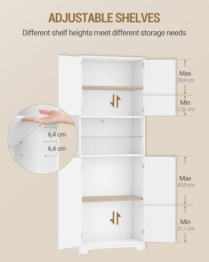 Hzuaneri Bathroom Cabinet, Bathroom Cabinet, Tall Cabinet with Colour Changing LED Lights and 4 Doors, Adjustable Shelves, Living Room, Bathroom, 30 x 60 x 170 cm, White Wood Grain SC68213X