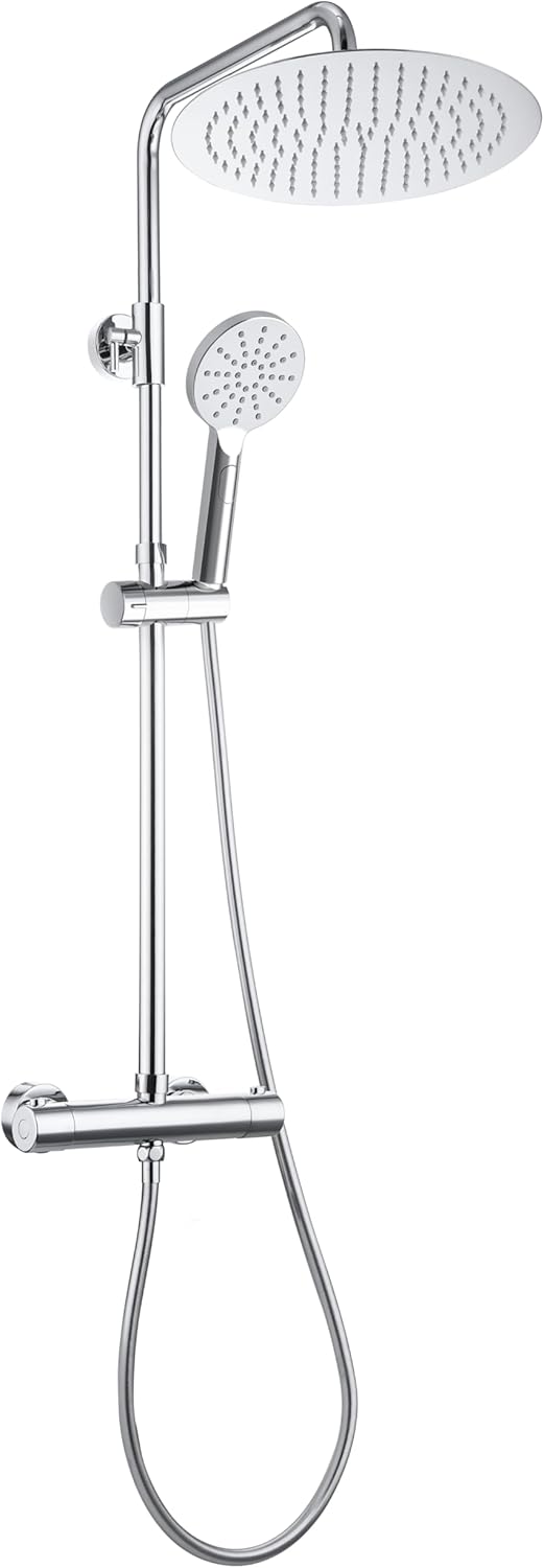 Görbach Douchesysteem met thermostaatkraan Roestvrijstalen Regendouche doucheset met Douchekop (hoofddouche D30 cm chroom)