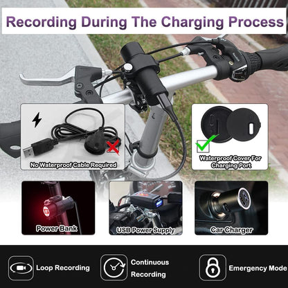 VSYSTO Fiets Camera met Temperatuurweergave, 2K Ultra Hoge Resolutie 170° Groothoek WDR Helm Dash Camera Dashcam, Afstandsbediening, Oplaadbare Waterdichte Motoractiecamera, G-Sensor