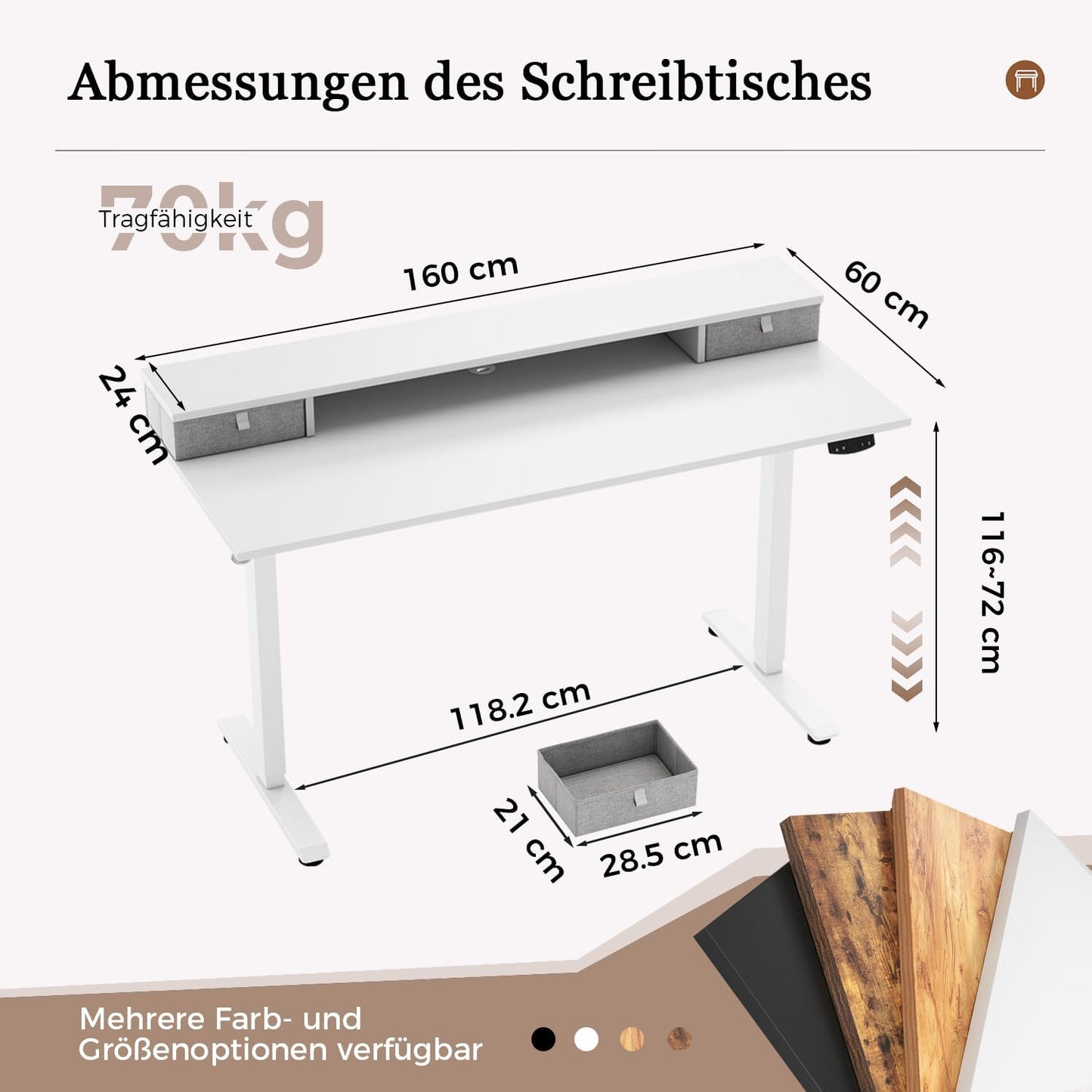 Klicelor Verstelbaar Bureau in Hoogte met Dubbele Lades, Elektrisch Verstelbaar Bureaux in Hoogte, Ergonomisch Sta bureau, 160x60, Wit