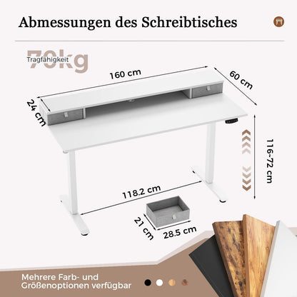 Klicelor Verstelbaar Bureau in Hoogte met Dubbele Lades, Elektrisch Verstelbaar Bureaux in Hoogte, Ergonomisch Sta bureau, 160x60, Wit