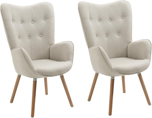 MEUBLE COSY Set van 2 fauteuils voor woonkamer accentstoel met hoge vleugelrug en gewatteerde armleuningen, houten poten, bank voor lezen lounge slaapkamer ingang, beige, metaal, 66x71x106 cm