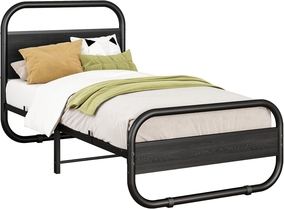 HOMERECOMMEND Bedframe van metaal en hout, met lattenbodem, 90 x 200 cm met hoofdeinde, ovaal platformbed met opbergruimte onder het bed, 90 x 200 cm, zwart