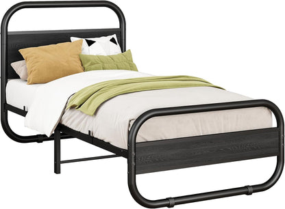 HOMERECOMMEND Bedframe van metaal en hout, met lattenbodem, 90 x 200 cm met hoofdeinde, ovaal platformbed met opbergruimte onder het bed, 90 x 200 cm, zwart