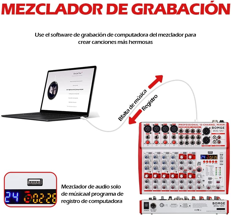 BOMGE 12-Input soundboard Mixer met Mic Preamps en Compressoren, 24DSP, bluetooth, 48V Power, Britse EQ en USB/Audio Interface voor opname, karaoke en podcast. (12M-12 kanaal)