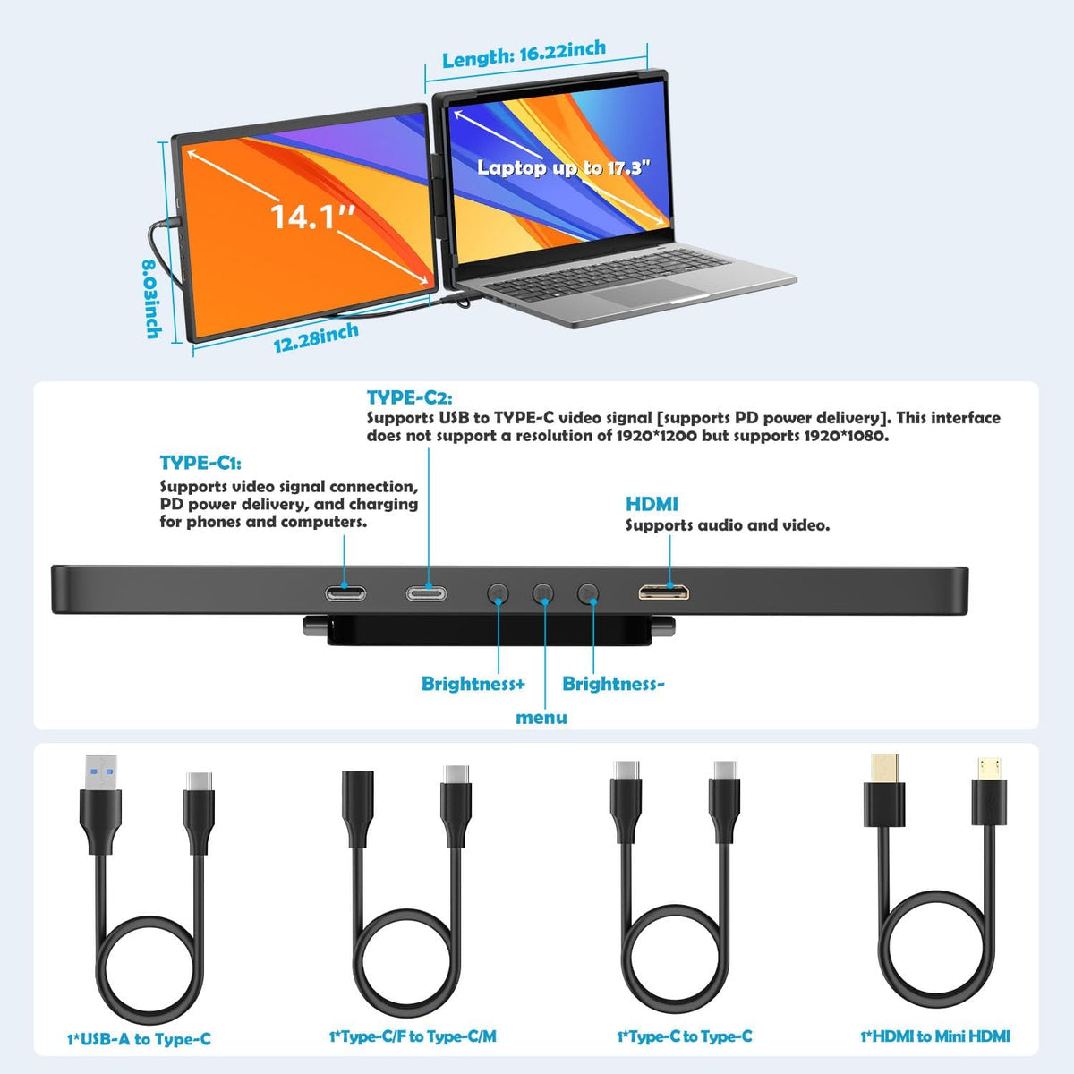 14" Portable Dual Monitor Laptop 1200P FHD 1920x1200 IPS USB-C Compatible with HDMI Plug & Play Extended External Screen for Home Work Gaming Business Multitasking - QUORE