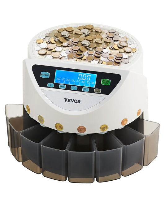 VEVOR Rekenmachine voor euromuntsorteermachine, voor het tellen van munten voor 8 soorten euromunten, opslagcapaciteit 850 stuks, met lcd-display, 5 buizen en gelddozen, transactie