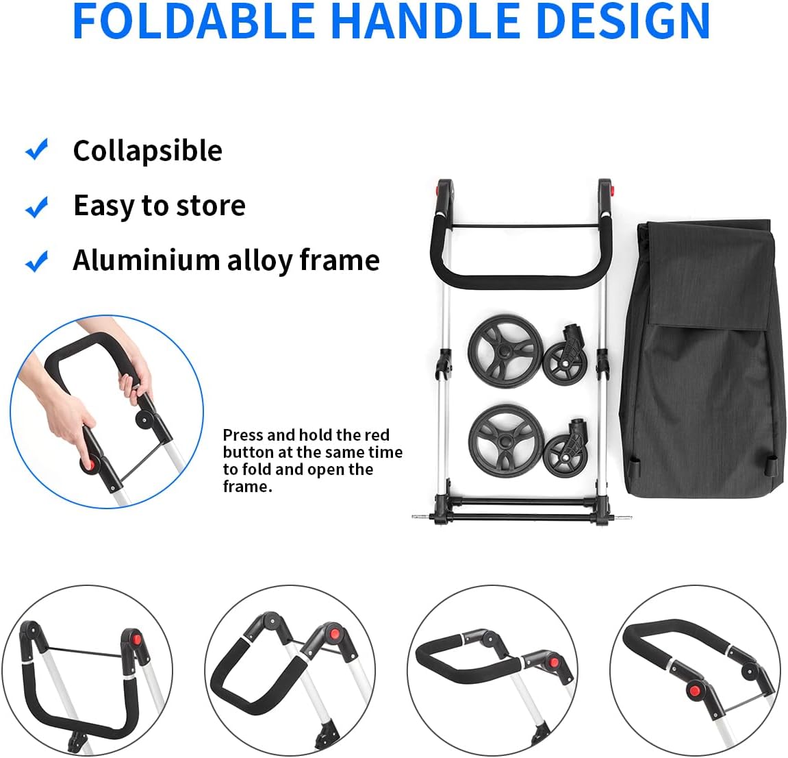Boodschappentrolley, 4 wielen boodschappentrolley, 46L aluminium winkelwagentje, opvouwbare boodschappentrolley met geïsoleerde koeltas (zwart)
