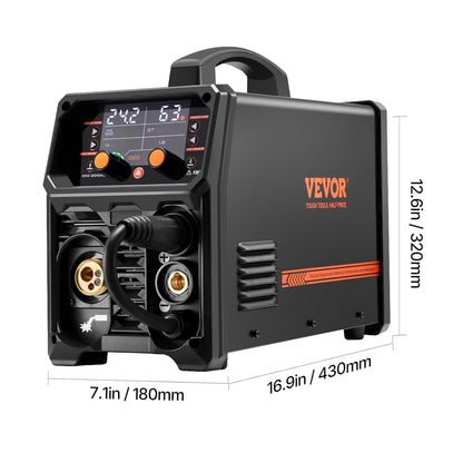 VEVOR MIG Welding Machine, 200 A, Syergetic Welding Machine, Portable MIG Gas Free 5-in-1 Gas Free Welding Machine, with IGBT Inverter Technology, LCD Display, TIG Lift Flashlight Not Included
