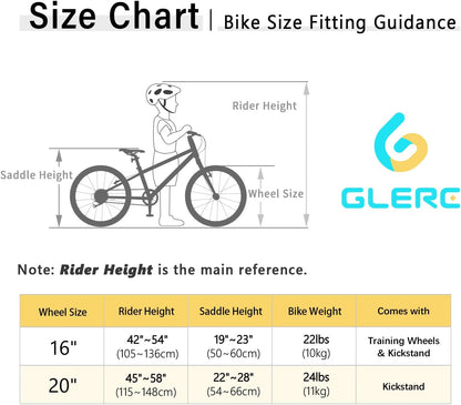 Glerc Amos Kinderfiets, 16, 20 inch, 6, 7, 8, 9 jaar, jongens, meisjes, tieners, fiets met dubbele handrem en zijstandaard, 6 versnellingen, verschillende kleuren