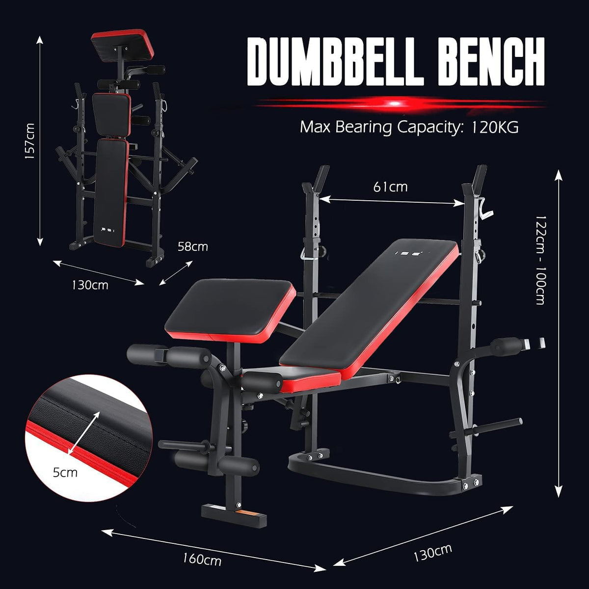 ISE Multifunctionele trainingsbank, halterbank, verstelbaar, inklapbaar, met beencurler, semi-professioneel, huishoudelijk fitnessapparaat voor kniebuigingen, bankdrukken, rompbuiging, belastbaar tot 120 kg - QUORE