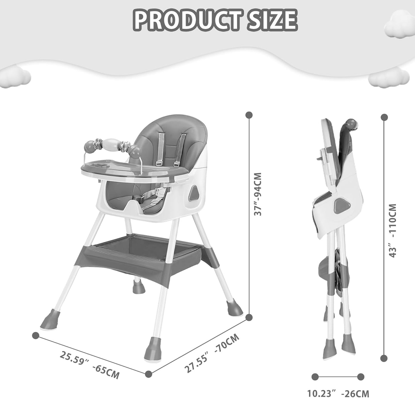 Opvouwbare Kinderstoel - Met Grote Antislipmat en Speelgoedrek - 6 Maanden plus - Grijs