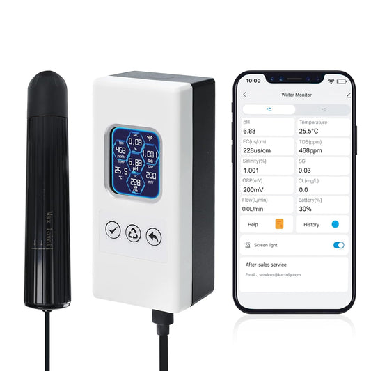 7-in-1 Slimme Waterkwaliteit Tester, Draadloze WiFi Water Monitor Meet pH/ORP/TDS/EC/Zoutgehalte/SG/TEMP, Waterkwaliteitsmeter met App Verbinding en Real-Time Meldingen voor Aquarium, Zoutwater, etc.