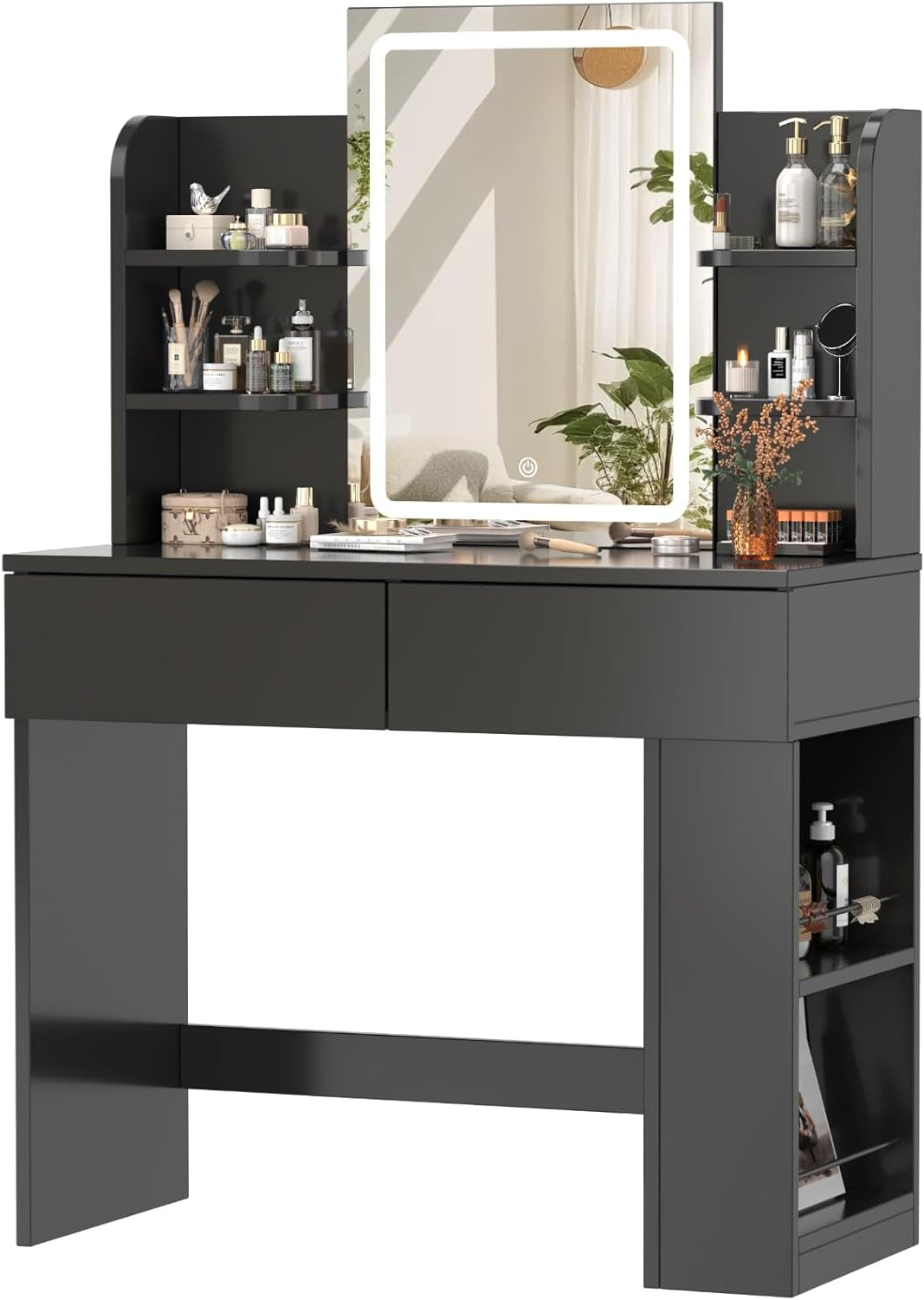 Devoko Dressing Table with Mirror and Lighting,Adjustable Brightness,Makeup Table with 2 Drawers, 4 Shelves, Modern Makeup Desk for Bedroom and Dressing Room (Black, 90 X 40 Centimeters) - QUORE