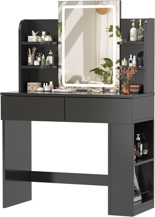 Devoko Dressing Table with Mirror and Lighting,Adjustable Brightness,Makeup Table with 2 Drawers, 4 Shelves, Modern Makeup Desk for Bedroom and Dressing Room (Black, 90 X 40 Centimeters) - QUORE