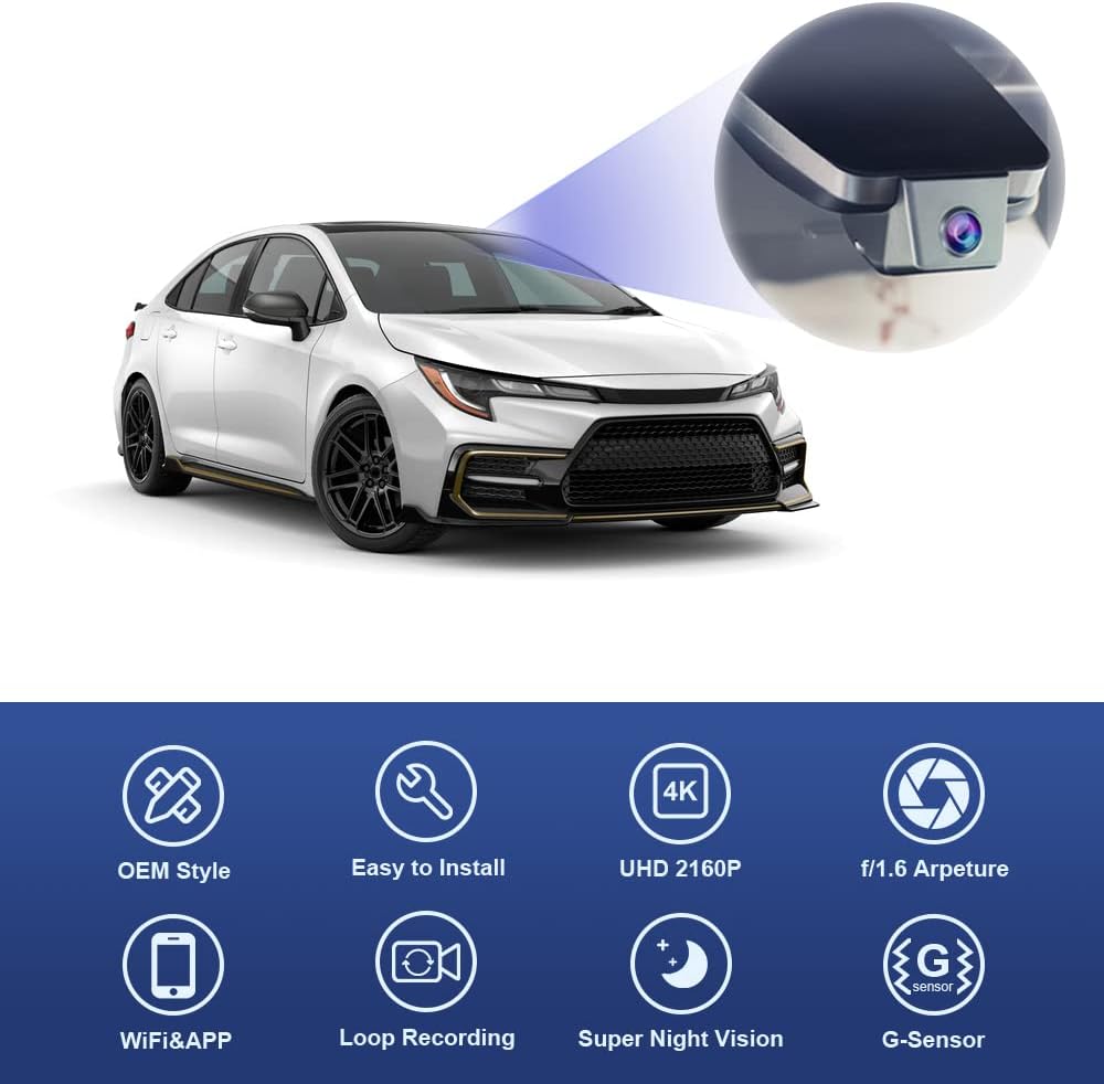 FITCAMX Dash Cam Compatibel met Toyota Corolla L LE SE XLE XSE SE Nightshade Sedan 4D Hybrid 2019-202212th Gen (E210), 4K discrete autorecorder WiFi, G-sensor, OEM eenvoudig te installeren, 64GB-kaart
