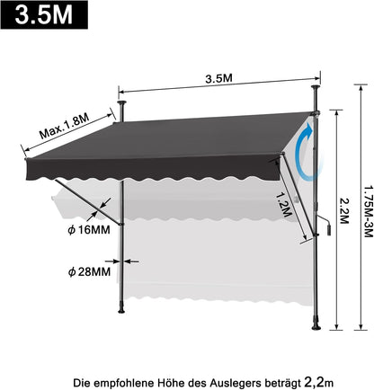 Klemluifel – Zonnescherm – Luifel – Balkonluifel – Overkapping – Verstelbaar 2-3m – Water- en UV-bestendig polyester – Zonder Boren te Bevestigen - QUORE