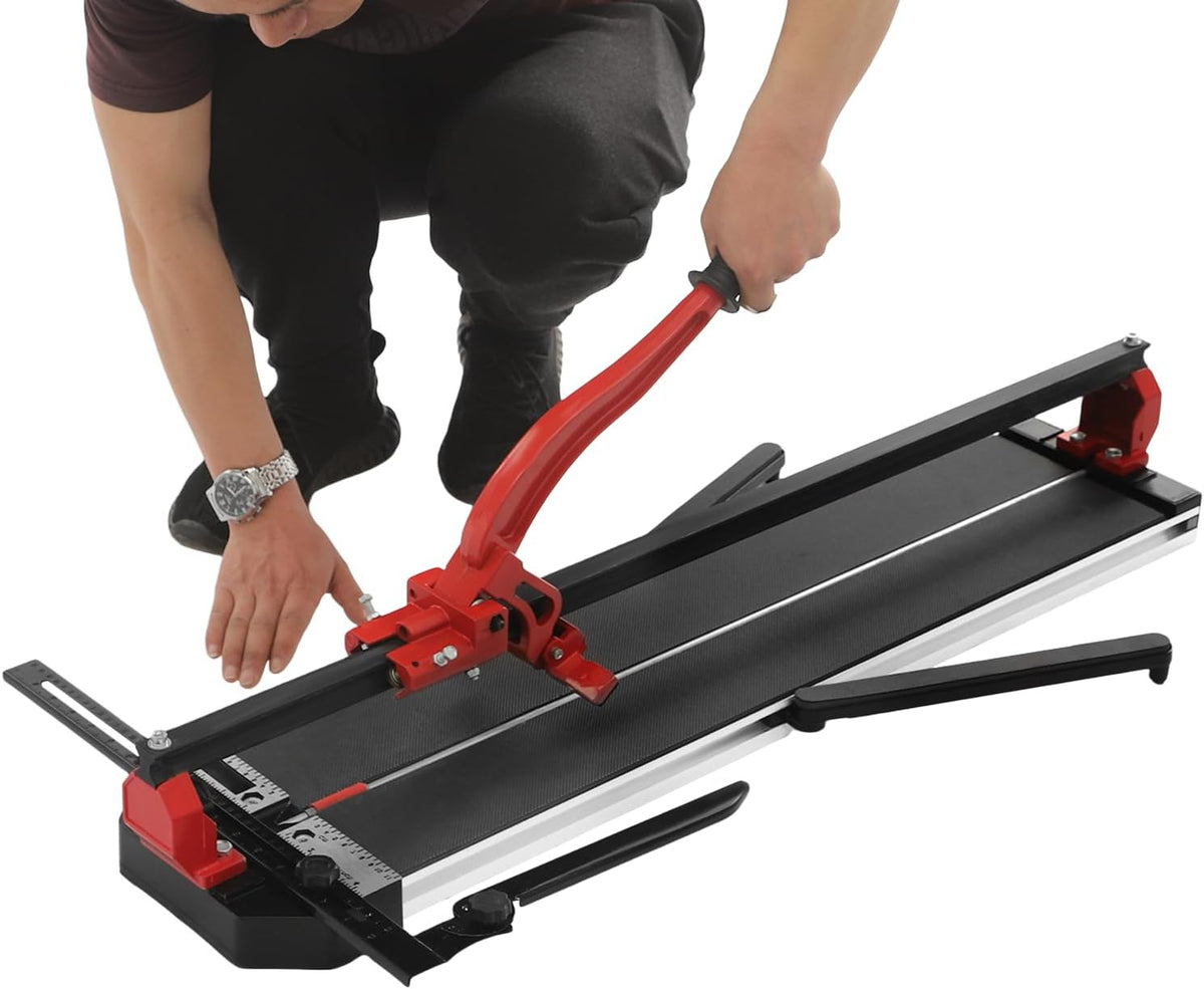 OUKANING Handmatige tegelsnijder met antislip voor nauwkeurige sneden tot 15 mm dikte, kogelgelagerde glijkop voor snel groeven en rechte sneden, voor keramiek, porselein (rood, 80 cm) - QUORE