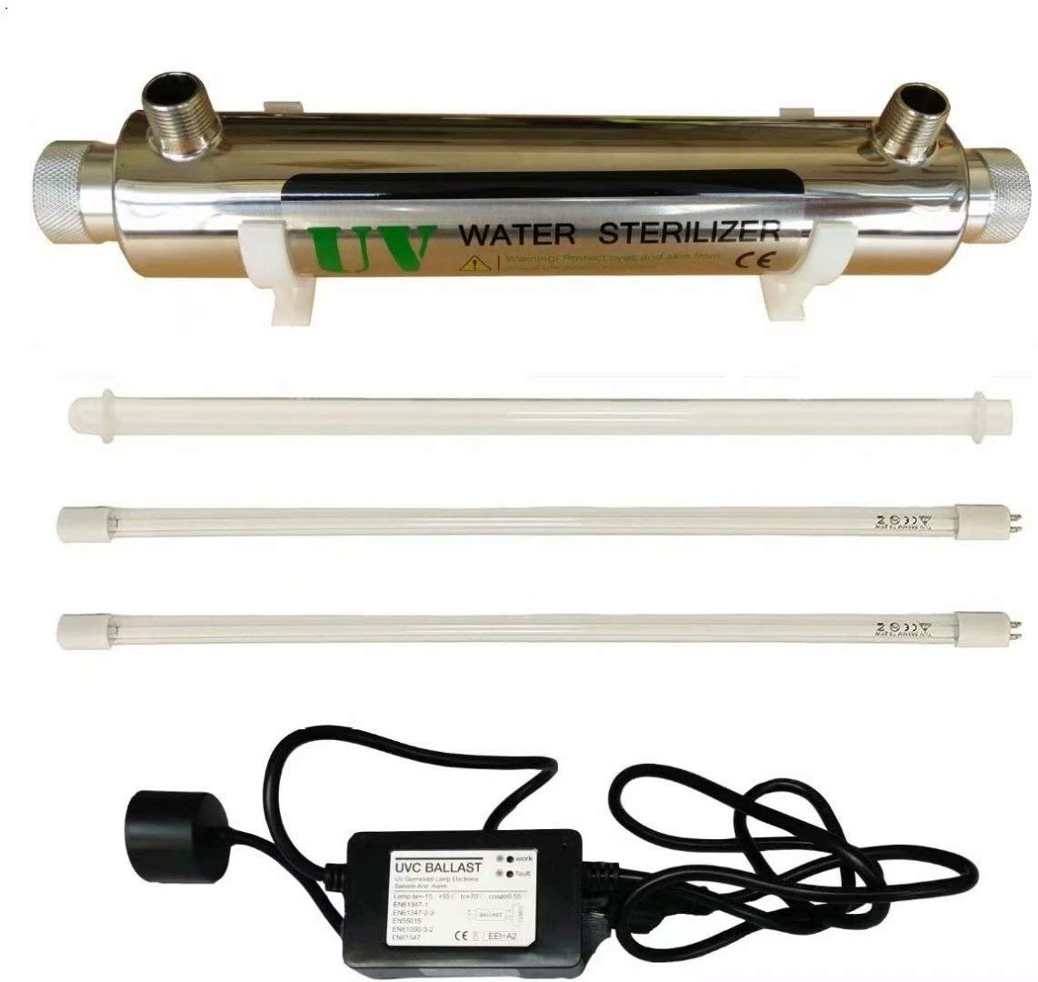 16 W UV-waterdesinfectiesysteem van roestvrij staal 304 UV-sterilisator, 2GPM ultraviolet licht waterfilter, LED & geluidsballast alarmerend, voeg extra 1 stuk UV-lamp toe
