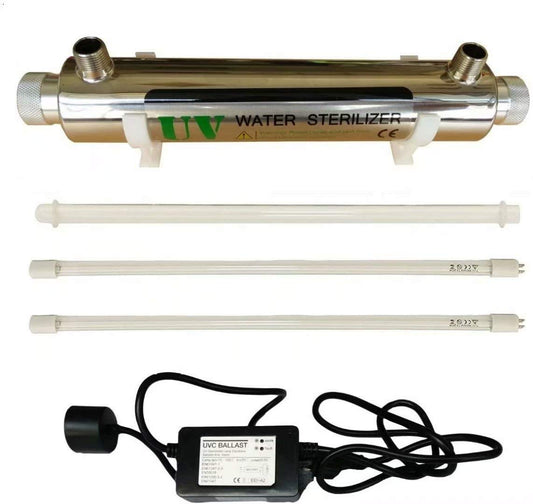 16 W UV-waterdesinfectiesysteem van roestvrij staal 304 UV-sterilisator, 2GPM ultraviolet licht waterfilter, LED & geluidsballast alarmerend, voeg extra 1 stuk UV-lamp toe