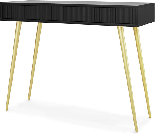 Selsey Bello Make-uptafel met 2 laden op goudkleurige poten, 104 x 80 cm, opbergkast, zwart, make-uptafel