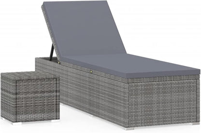 Tidyard Lounger with Cushion and Table, Tiltable, Outdoor, Balcony, Courtyard, Patio, Sofa, Outdoor Bed, Garden Bed with Rattan Table, Grey - QUORE