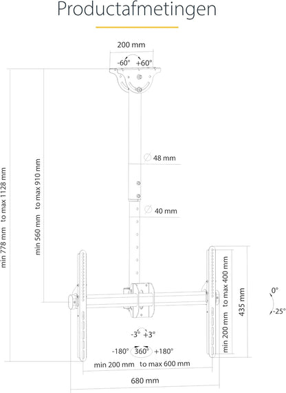 StarTech.com Verstelbare VESA plafondmontage voor schermen van 94 tot 190 cm (37 tot 75 inch), korte mast, zwart