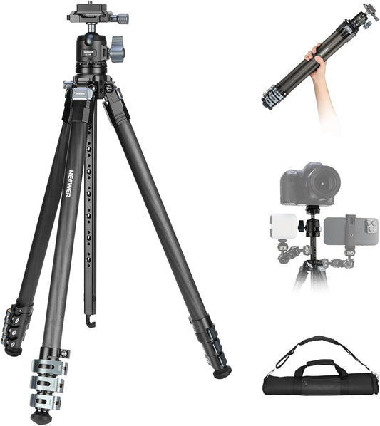 NEEWER 60 inch reisstatief koolstofvezel met afneembare 360° kogelkop, lichtgewicht videocamerastandaard met metalen snelklapgesp, Arca type QR-plaat compatibel met Peak Design Capture V3, LT36