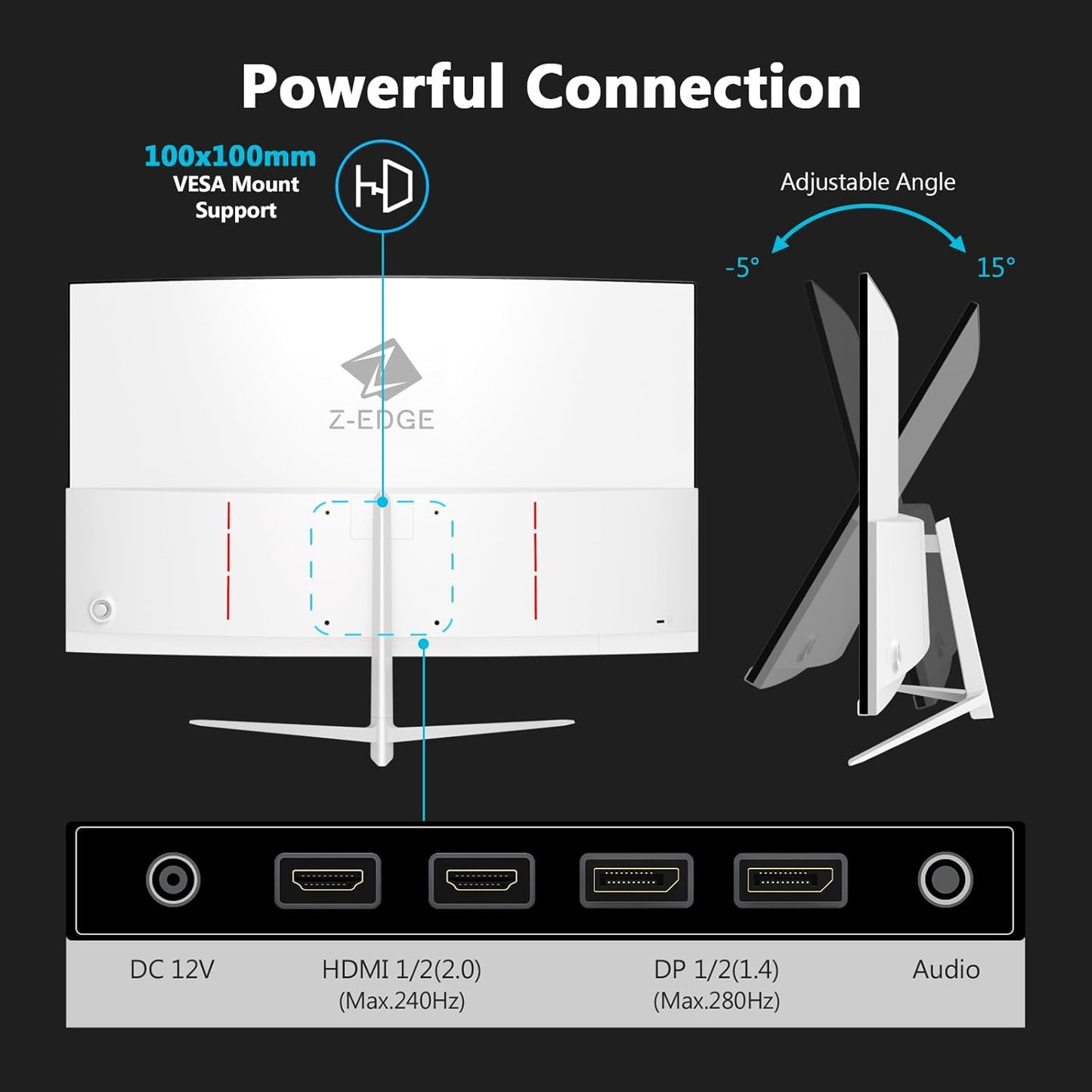 Z-Edge Wit Gebogen Gaming PC-scherm 27'' 280 Hz (DP), 240 Hz (HDMI), 1ms, FHD, FreeSync, Witte Gamingmonitor 16:9, Verstelbare helling, 1500R, 2×HDMI2.0 & 2×DP1.2, 178° Kijkhoek(HDMI-kabel inbegrepen)