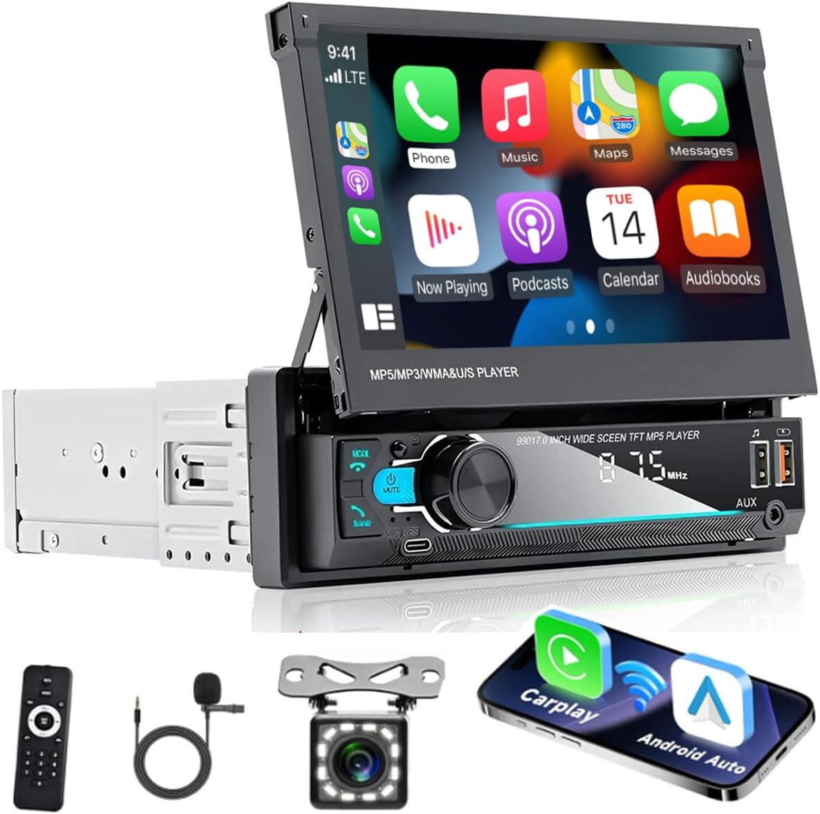 Hikity AM FM Autoradio, 1 Din Wireless Carplay Android Auto, 7 inch handmatig uitschuifbaar display, touchscreen, autoradio met Bluetooth 5.1, handsfree, radio, USB, AUX achteruitrijcamera