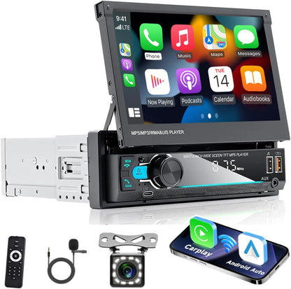 Hikity AM FM Autoradio, 1 Din Wireless Carplay Android Auto, 7 inch handmatig uitschuifbaar display, touchscreen, autoradio met Bluetooth 5.1, handsfree, radio, USB, AUX achteruitrijcamera
