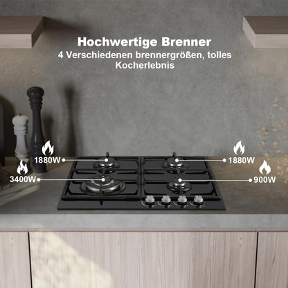 4-pits gaskookplaat – gasfornuis – gaspitten – kookplaat gas – ingebouwde gaskookplaat – Glazen oppervlak van gehard veiligheidsglas – Veiligheidsontsteking met thermokoppel