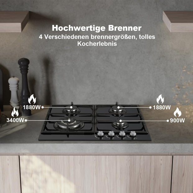 Inbouw Gaskookplaat - gaskookplaat - Gasfornuis - met  4 Kookzones - Ontstekings - Zekering - Geschikt voor Aardgas - Opropaangas - 58.4 cm - 8060W - 220-240V - Zwart