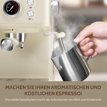 Empstorm Espresso Filtermachine met melkopschuimer, 20 bar, espressomachine met zeefhouder, 2-in-1 Expresso machine voor poeder en capsules, 1,5 l waterreservoir, zeefhouder, koffiezetapparaat, wit